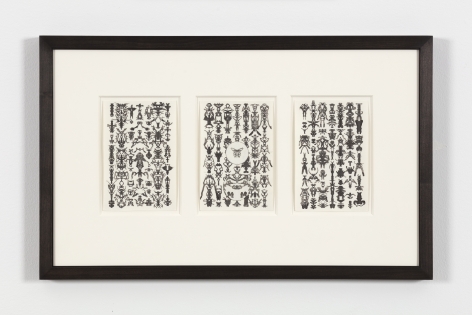 Bruce Conner TRIO 51-55-28, 1975 ink each card: 6 x 4 in. (15.2 x 10.2 cm) frame: 13 1/4 x 21 1/4 in. (33.7 x 54 cm)