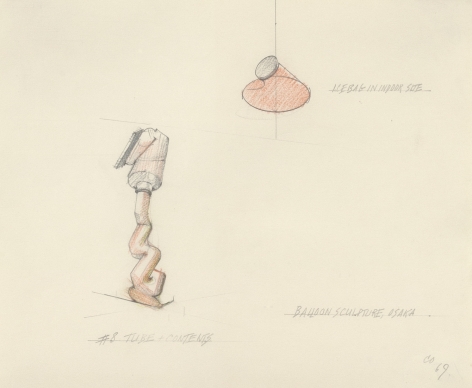 Proposal for a Giant Balloon in the Form of a Tube and its Contents – Shown in Relation to the Giant Ice Bag, 1969-70, graphite and color pencil on paper, frame: 14 7/8 x 16 1/4 in. (37.8 x 41.3 cm).